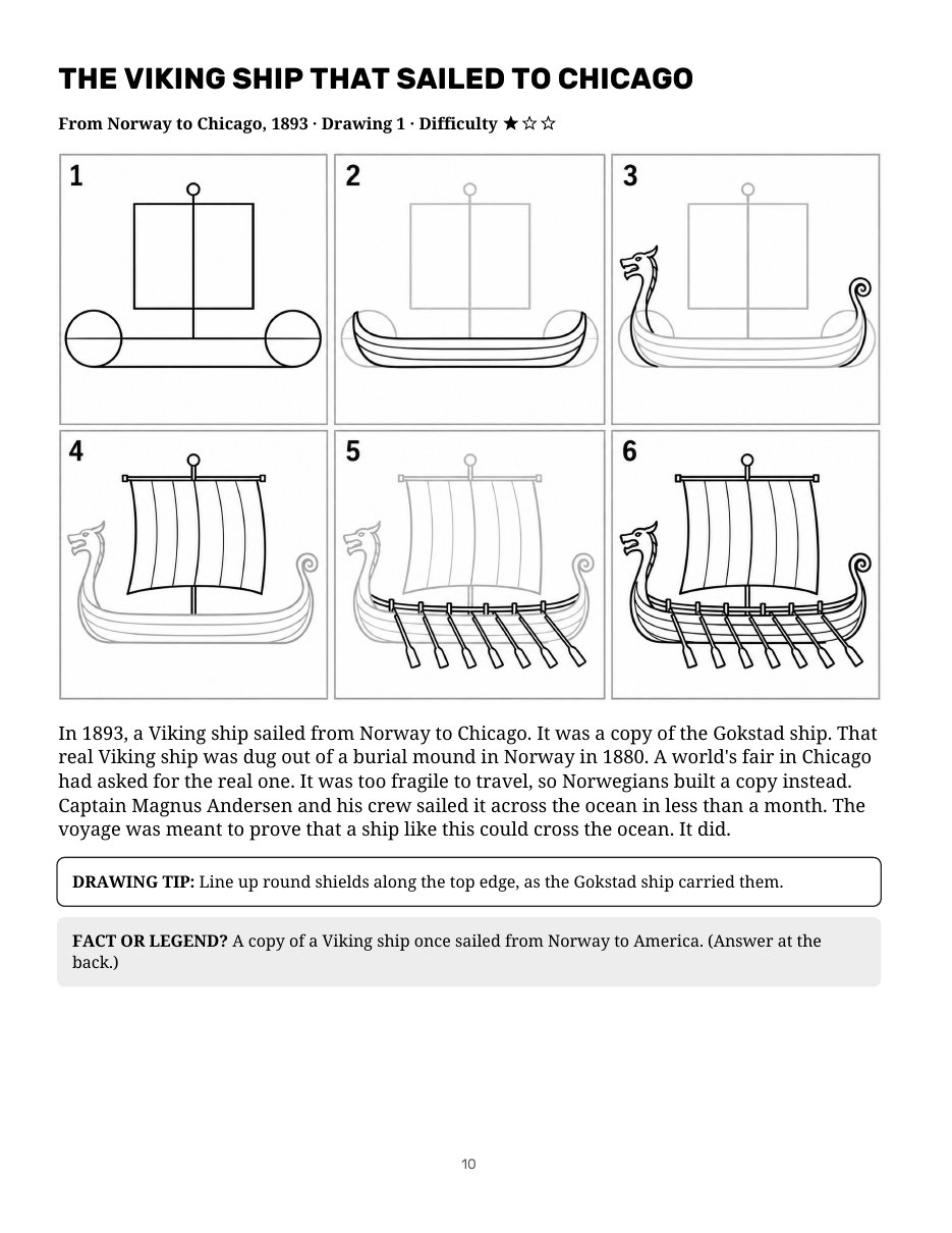Sample page: The Viking Ship That Sailed to Chicago, drawn in six numbered steps, with the true story, a drawing tip and a Fact or Legend? question.