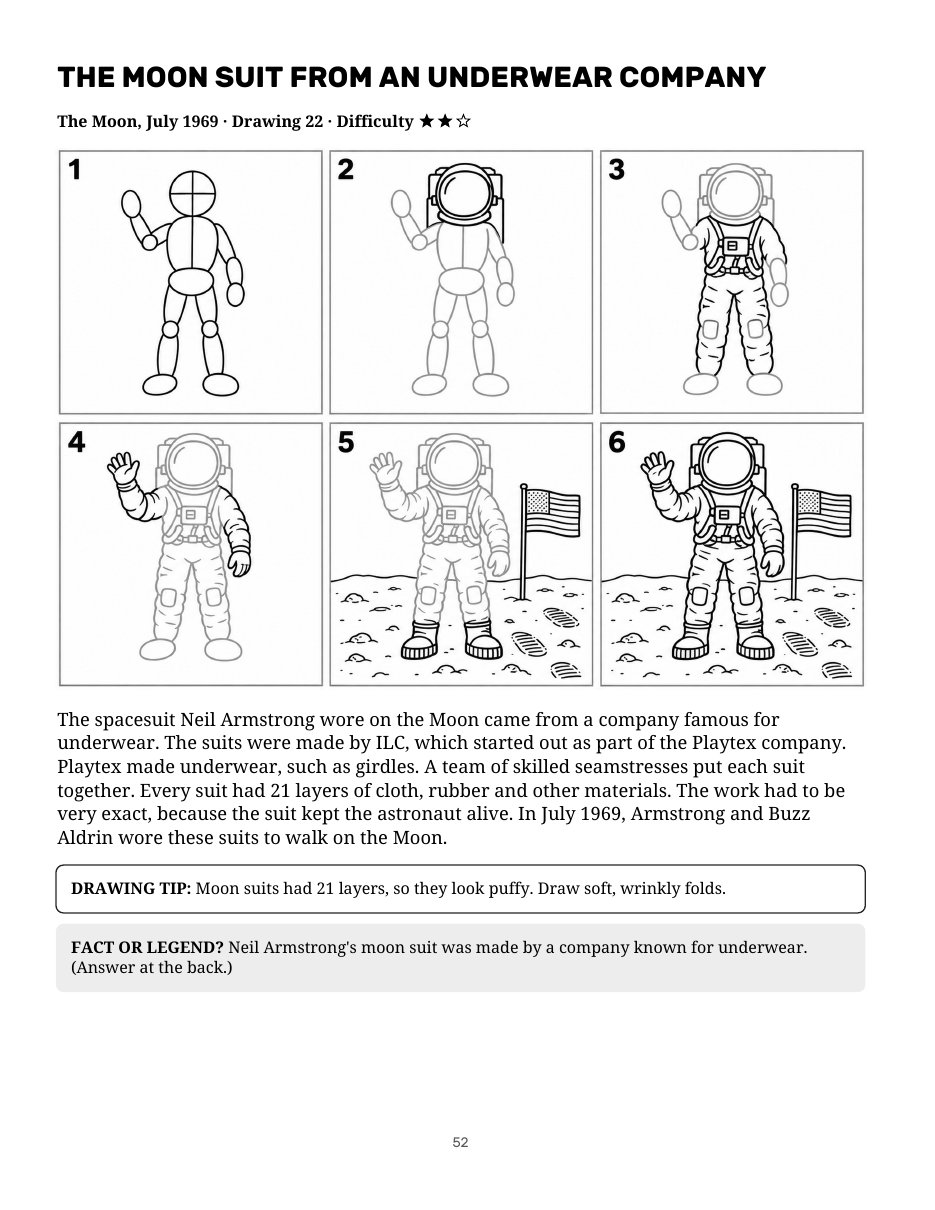 Sample page: The Moon Suit from an Underwear Company, an Apollo 11 astronaut drawn in six numbered steps, with the true story beside it.